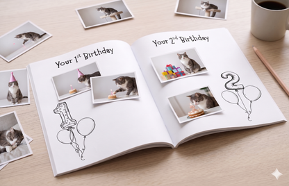 Open cat memory book with milestone pages for birthdays, photo spaces and guided keepsake memories