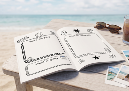 Children's travel journal pages with writing and drawing activities