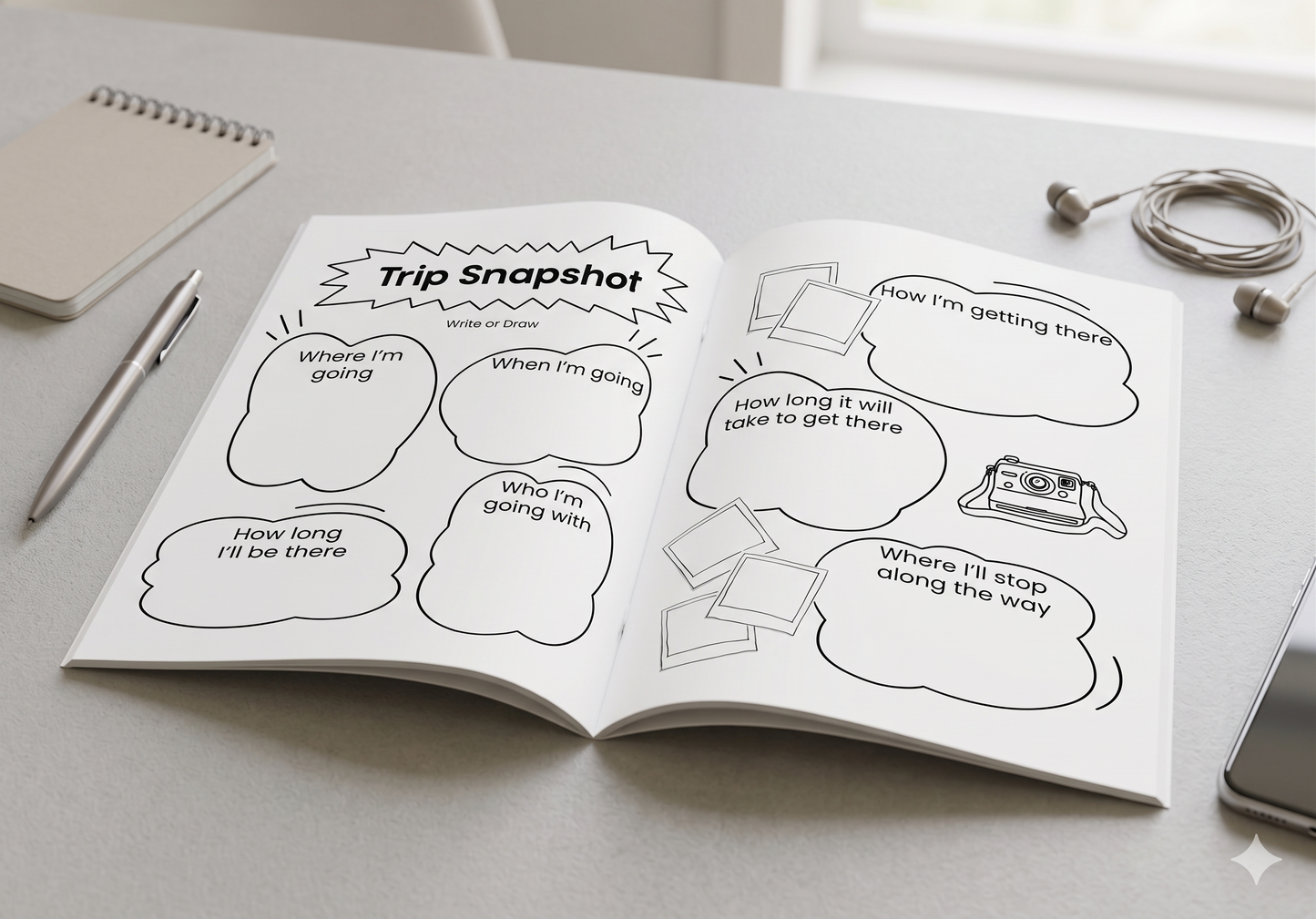 Kids travel journal with guided prompts and planning pages that help children build excitement before a trip while capturing memories, ideas, and adventures along the way