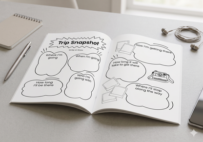 Kids travel journal with guided prompts and planning pages that help children build excitement before a trip while capturing memories, ideas, and adventures along the way