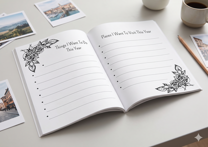 Memory journal page for goals, adventures, and future plans, helping capture dreams, bucket list ideas, and meaningful moments throughout the year