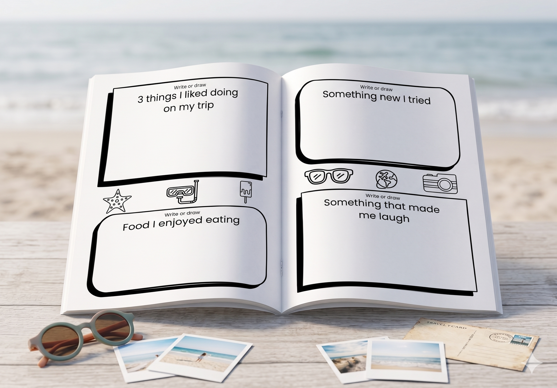 Kids travel journal with guided reflection prompts, photo spaces and travel memory pages