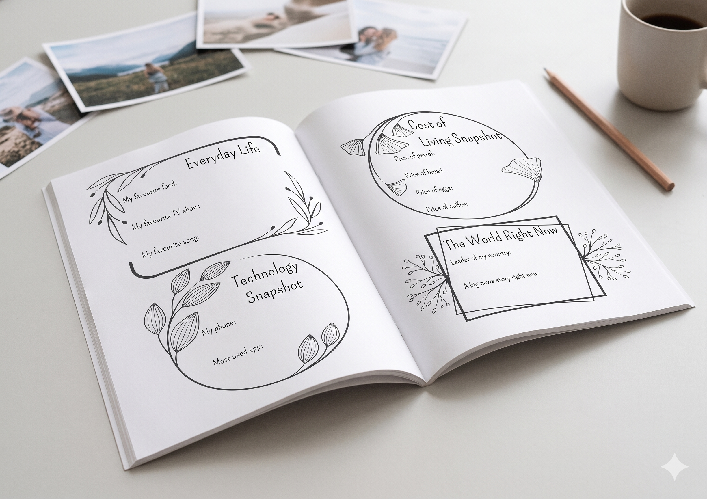Memory journal page designed to capture everyday life, favorite things, and personal snapshots, creating a time capsule of the little details that often get forgotten
