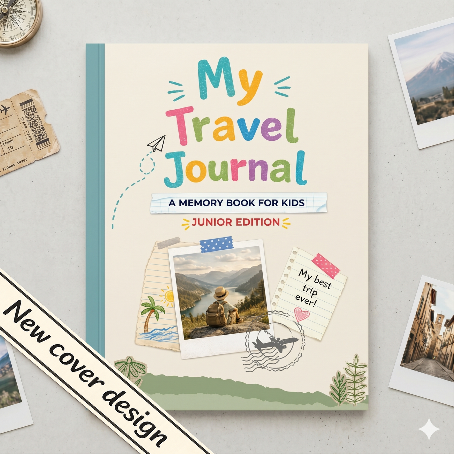 Kids travel journal for ages 5–8 with photo spaces and guided prompts