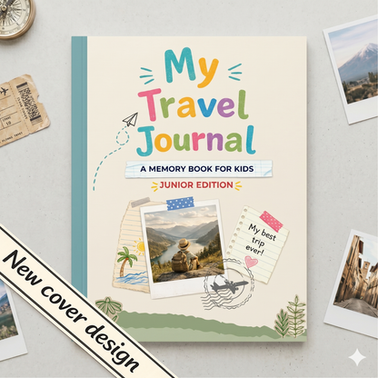 Kids travel journal for ages 5–8 with photo spaces and guided prompts