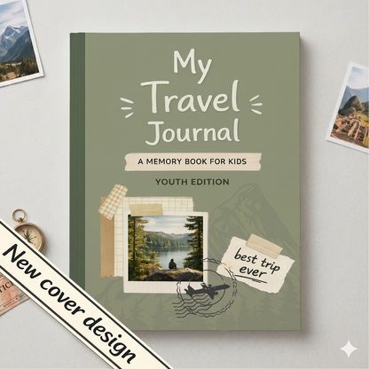 Kids travel journal designed to capture adventures, memories, photos, and reflections with guided prompts and creative activities that make travel feel fun instead of homework