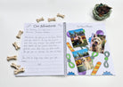 Chilli Keepsakes spiral dog memory book showing completed ‘Our Adventures’ and ‘Our Day in Photos’ pages, with handwritten memories and dog photos from a flower festival visit.