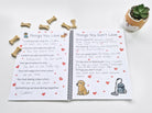 Chilli Keepsakes spiral dog memory book with completed ‘Things You Love’ and ‘Things You Don’t Love’ pages, showing handwritten memories of a dog’s favourite things, habits and personality.