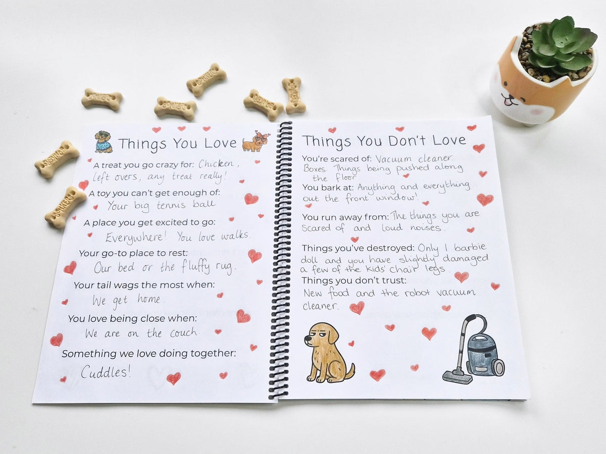 Chilli Keepsakes spiral dog memory book with completed ‘Things You Love’ and ‘Things You Don’t Love’ pages, showing handwritten memories of a dog’s favourite things, habits and personality.