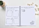 Chilli Keepsakes spiral dog memory book open to ‘Your Naughty Moments’ pages, with illustrated note frames and space for photos to record a dog’s cheeky antics.