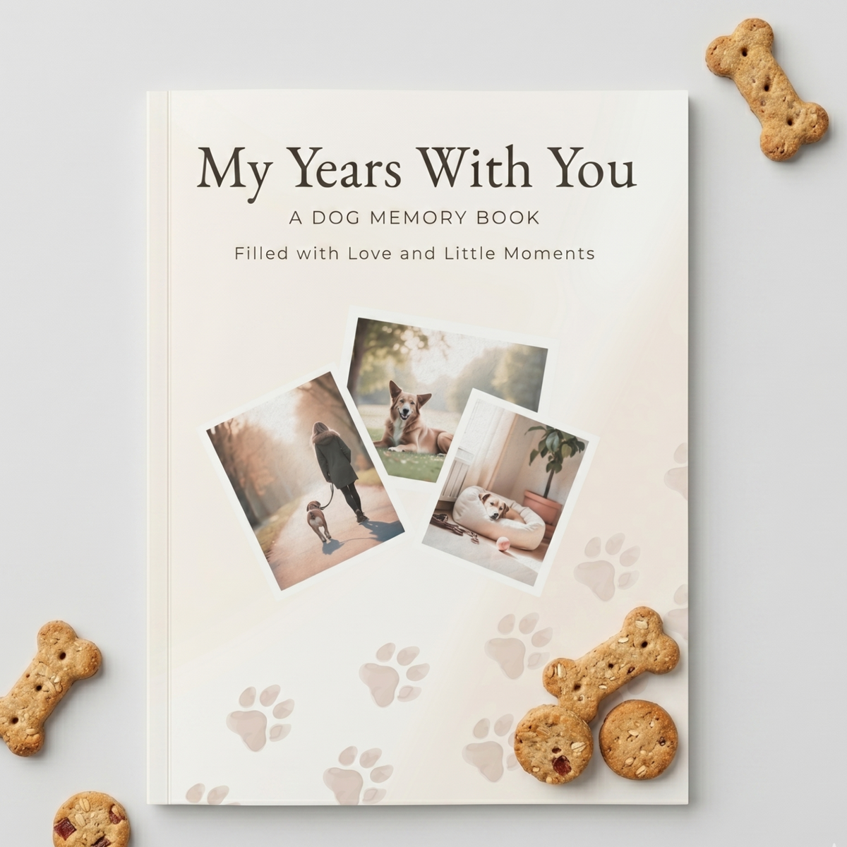 Front cover of the Chilli Keepsakes ‘My Years With You’ paperback dog memory book, featuring dog photos and paw prints, displayed with dog biscuits on a white background.