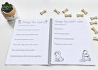 Chilli Keepsakes spiral dog memory book open to ‘Things You Love’ and ‘Things You Don’t Love’ pages, with prompts to record a dog’s favourites, habits and fears.