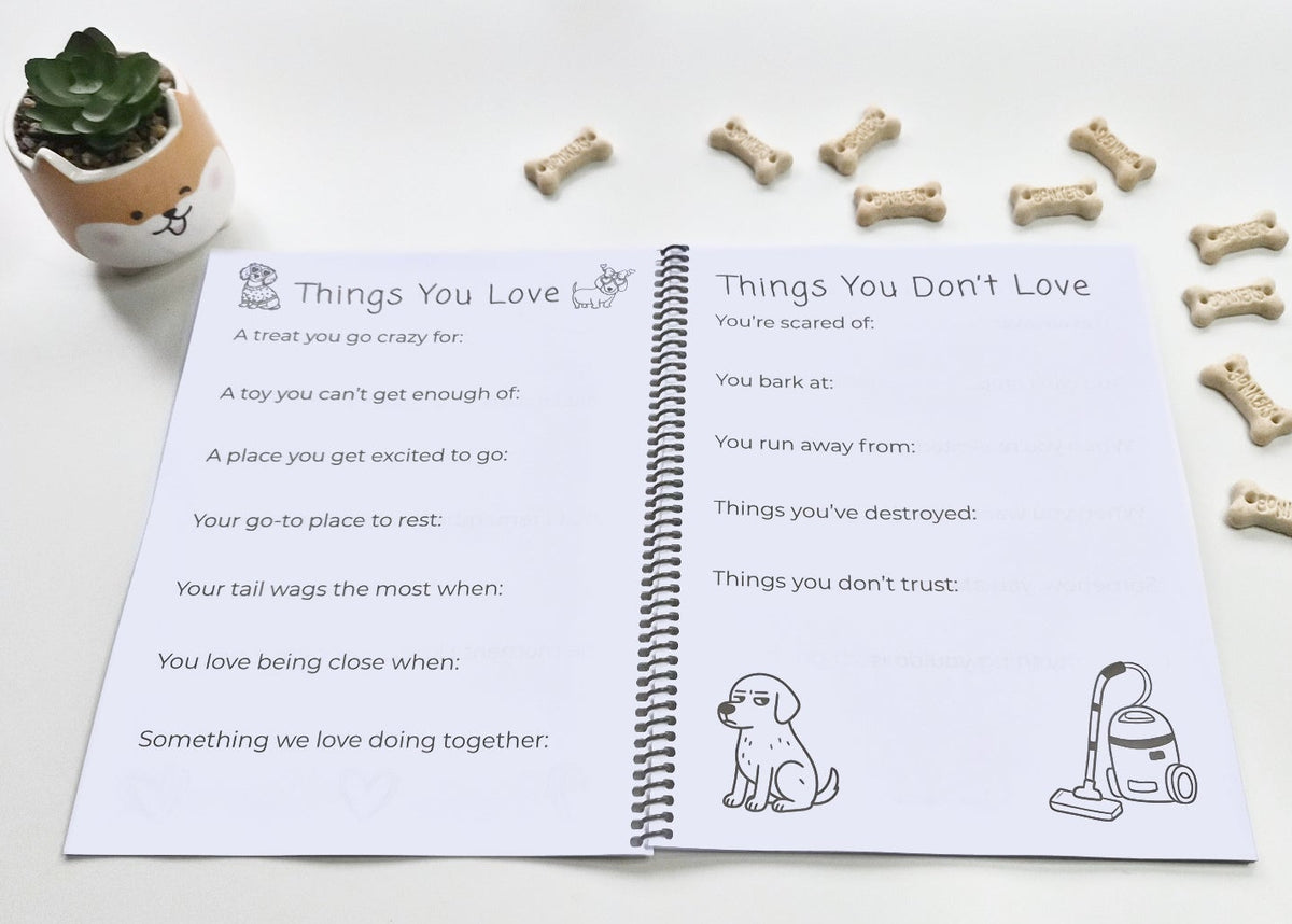 Chilli Keepsakes spiral dog memory book open to ‘Things You Love’ and ‘Things You Don’t Love’ pages, with prompts to record a dog’s favourites, habits and fears.